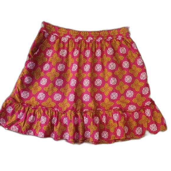 Sigrid Olsen Hot Pink Floral Pattern Ruffled Cotton Mini Skirt Flirty, Boho Sz L - Picture 1 of 8